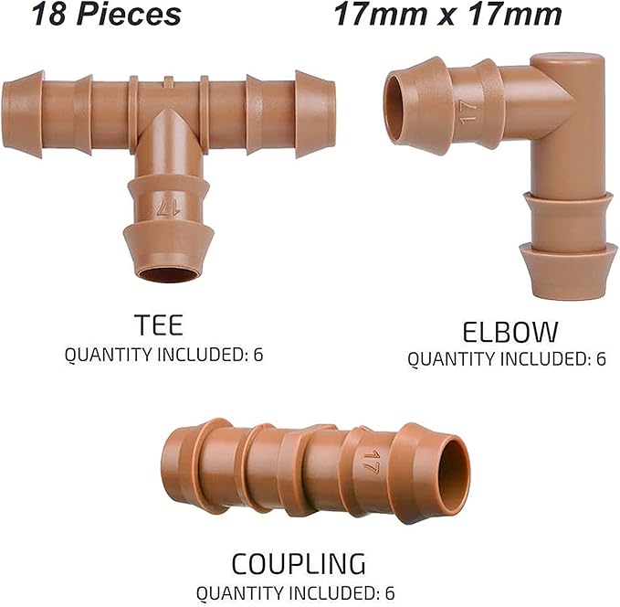 Drip Irrigation Fittings Kit for 1/2" Tubing, 18 Pieces Set Barbed Connectors - 6 Tees, 6 Couplings, 6 Elbows - Drip Line Parts (17mm .600" ID) Half Inch for Garden Sprinkler Systems