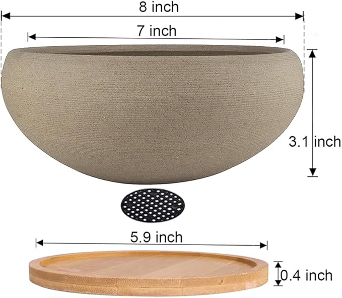 MUZHI Round Unglazed Ceramic Bonsai Pot with Bamboo Tray, Large Rough Pottery Succulent Planter with Drainage Hole 8 inch …