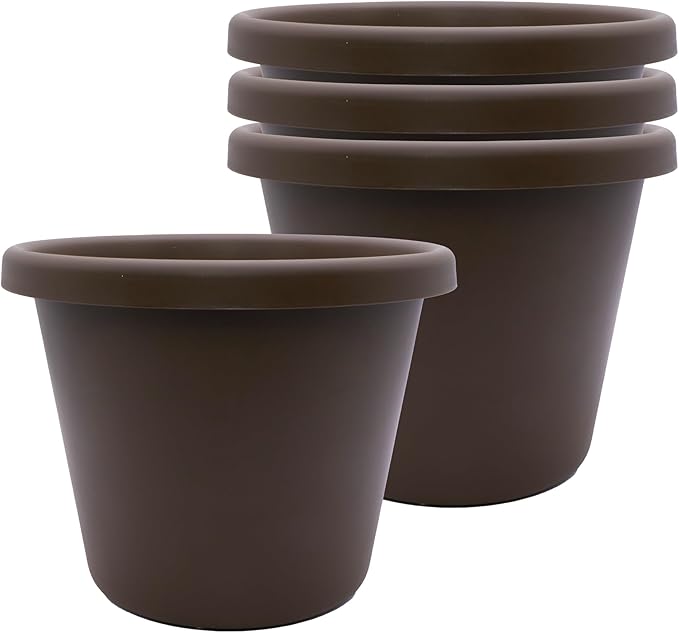 The HC Companies 8.5 inch Round Classic Planter - Plastic Plant Pot for Indoor Outdoor Plants Flowers Herbs, Chocolate (4 Pack)