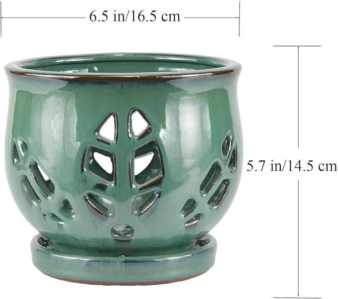 W&W Orchid Pot with Holes and Saucer for Repotting, Green, 6.5 Inches