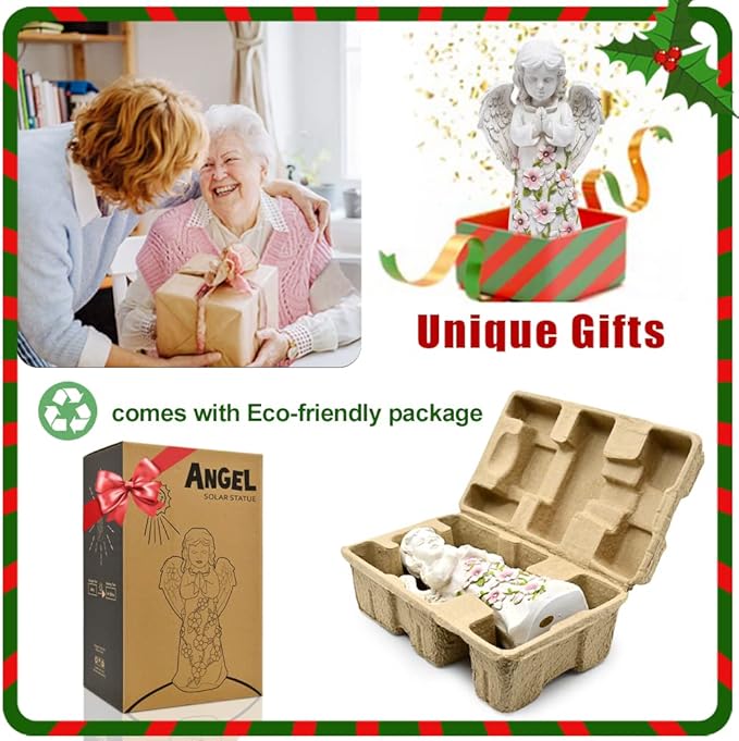 Nacome Solar Garden Outdoor Statues Angel with Succulent and 7 LED Lights – Lawn Decor for Patio, Balcony, Yard Ornament - Unique Housewarming Gifts