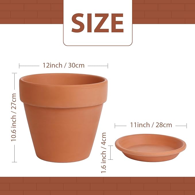 INGOFIN Terracotta Pot with Saucer - 12 Inch Ceramic Clay Pot for Plants with Drainage Hole, Terra Cotta Pot with Tray for Indoor Outdoor Plants