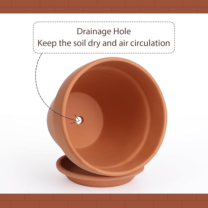 INGOFIN Terracotta Pot with Saucer - 12 Inch Ceramic Clay Pot for Plants with Drainage Hole, Terra Cotta Pot with Tray for Indoor Outdoor Plants