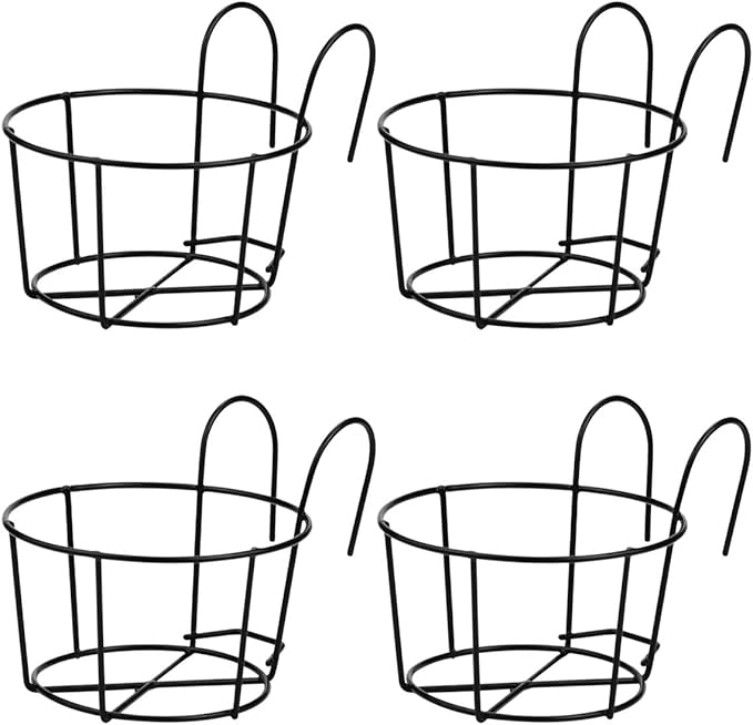 4 Pack Small Round Metal Hanging Railing Planters,Hanging Railing Planter Flower Pot Holder Basket Iron Art Rack Fence Shelf Container for Balcony,Garden,Indoor and Outdoor (Black)