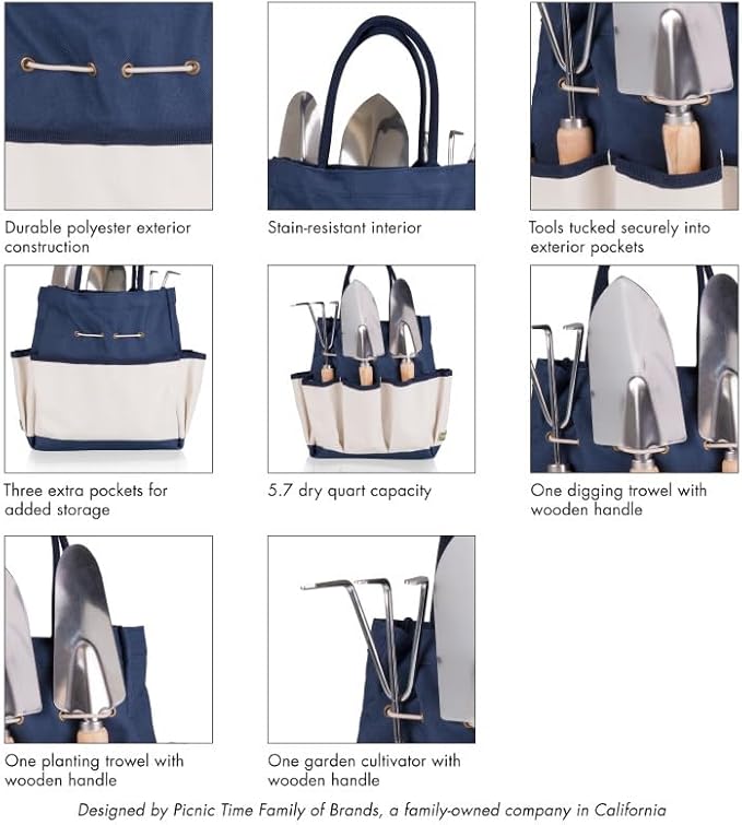 PICNIC TIME Disney Mickey Mouse & Minnie Mouse Garden Bag with Tool Set, Garden Tool Organizer Bag, Gardening Tools Gifts for Women and Men, (Navy Blue with Beige Accents)