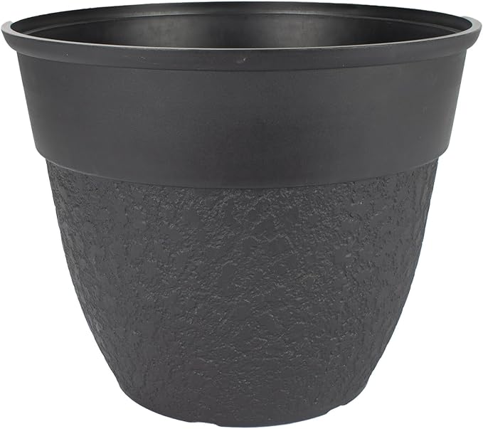 The HC Companies 16 Inch Brookhaven Decorative Round Planter - Lightweight Premium Resin Plant Pot with a Stonelike Texture for Indoor Outdoor Use, Black