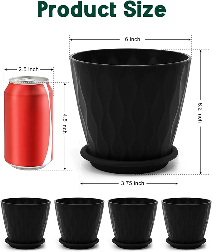 6 Inch Indoor Planter Pots with Drainage Hole and Tray Saucer,Flower Pots for Indoor Outdoor Garden Plants and Flowers, Multicolor, 5 Packs (Black)