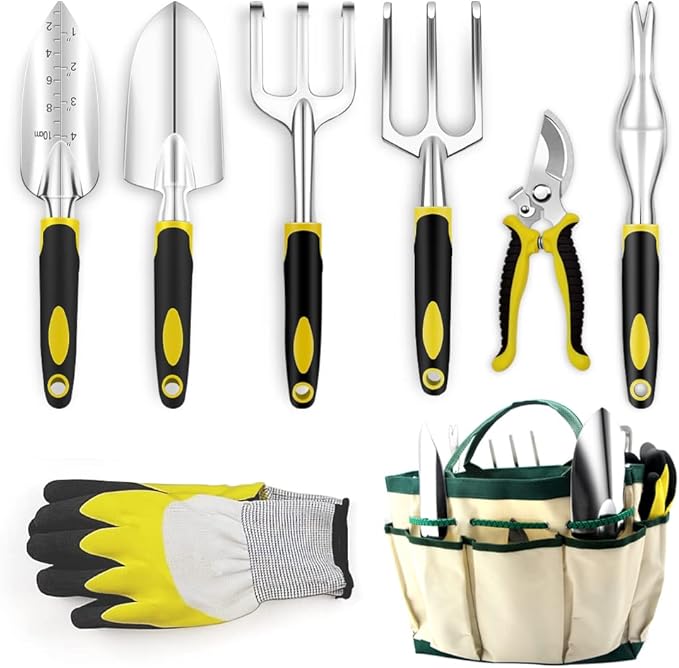 QianRuiDa 8-Piece Garden Tools Set for Gardening Aluminum Alloy Heavy Duty Kit, with Storage Tote Bag, Ergonomic Rubber Grip, Gift for Men or Women, Indoor and Outdoor Tools