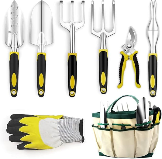 QianRuiDa 8-Piece Garden Tools Set for Gardening Aluminum Alloy Heavy Duty Kit, with Storage Tote Bag, Ergonomic Rubber Grip, Gift for Men or Women, Indoor and Outdoor Tools