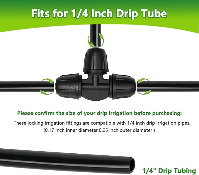 1/4" Drip Irrigation Fittings, 26 Pcs Lock Barbed Tee Connectors for 1/4 Inch Drip Irrigation Tubing Drip Line 3 Way T Parts with Lock Nut for Garden Lawn Drip Systems