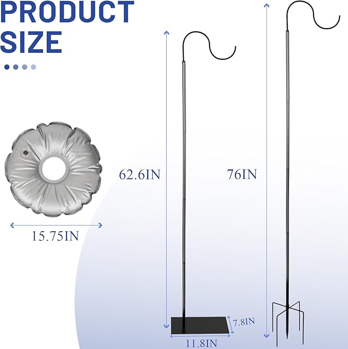 Liitrton 62.6 Inch Shepherds Hooks for Outdoor, Adjustbale Hummingbird Feeder Stand Bird Feeder Pole Wind Chime Stand with Flat Base, 4 Prongs Base and Water Weight Bag (2 Pack)