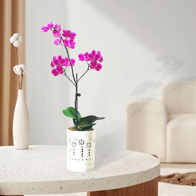 Orchid Pots with Holes,4 Inch Ceramic Orchid Pot for Repotting, Plant Pot for Repotting Orchids and Other Flowers - Indoor/Outdoor White