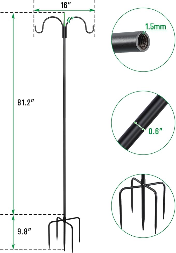 FEED GARDEN Adjustable Double Shepherds Hook for Outdoor with 5 Prong Base 92 Inch Heavy Duty Two Sided Bird Feeder Pole for Hanging Plant Baskets, Solar Light Lanterns, Wind Chimes 2 Pack