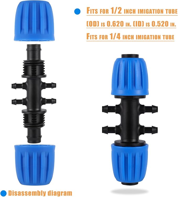 10 Pcs Barbed 6-Way Locked Connectors, 1/2 (Tubing OD 0.620 in.ID is 0.520. in) to 1/4 Inch Irrigation Tubing Fitting,Variable Diameter 6 Way(10 Pcs Blue)