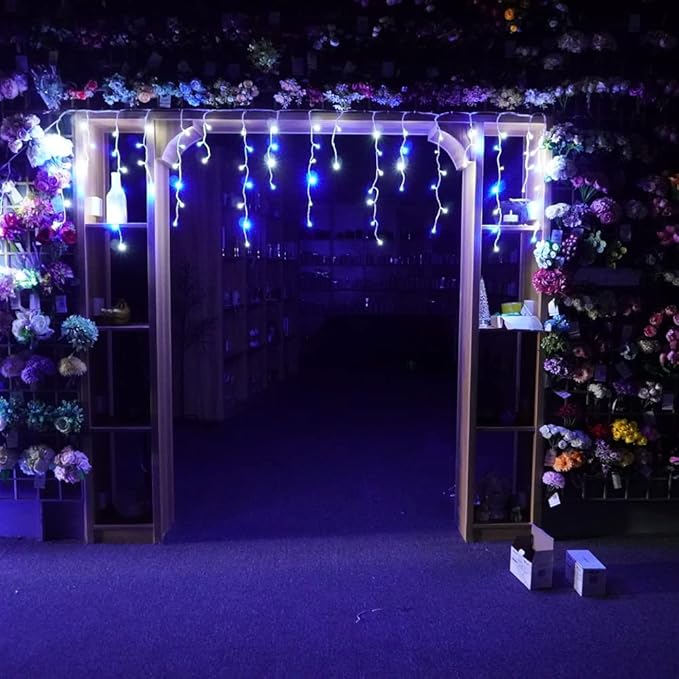 YASENN 300Led Icicle Style String Lights 29.5FT,Update Connectable 8 Lighting Modes with Timer Icicle Lights for Home Garden Outdoor Indoor Eave Decor (Blue and White LED White Cable)