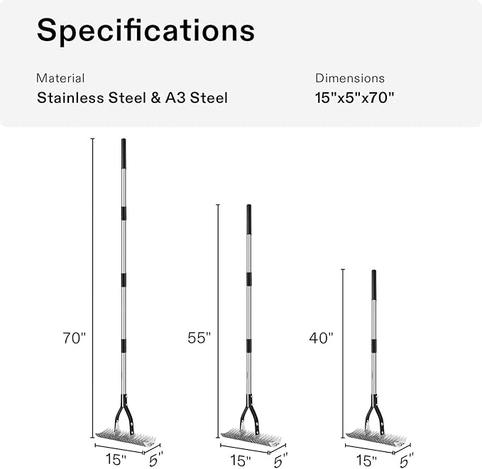VIVOSUN 15" Thatch Rake, 15" x 70" Lawn Thatching Rake, Sturdy Dethatcher Rake, Efficient Steel Metal Rake with Handle, Durable Adjustable Head for Removing Dead Grass and Clippings, Loosening Soil