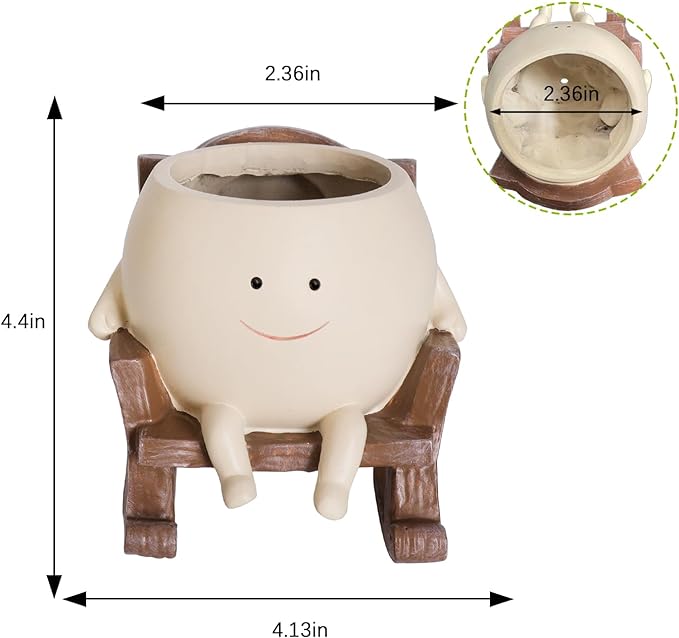 Smily Face Planter Pot Cute Resin Flower Head Planters for Indoor Outdoor Unique Sit Rocking Chair Succulent Pots Gift IdeaI for Mother and Appreciation Christmas with Drainage Hole