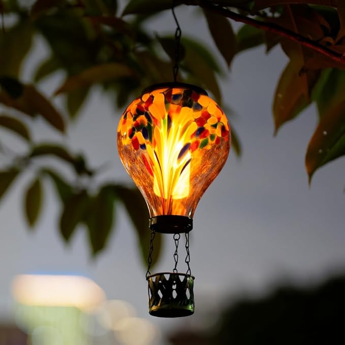 Starsoul Hot Air Balloon Solar Lantern Tie-Dye Style Glass Outdoor Hot Air Balloon Solar Flickering Flame Light Waterproof Hanging Lantern for Garden Yard Patio Decor