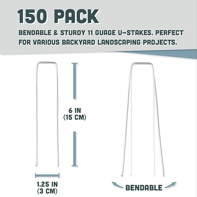 Squirrel Products U Shape Garden Stakes Metal, 6 Inch Landscaping Staples, 11 Gauge Stakes for Landscaping Fabric, 2.9mm 15x2.5x15cm – 150 Pack