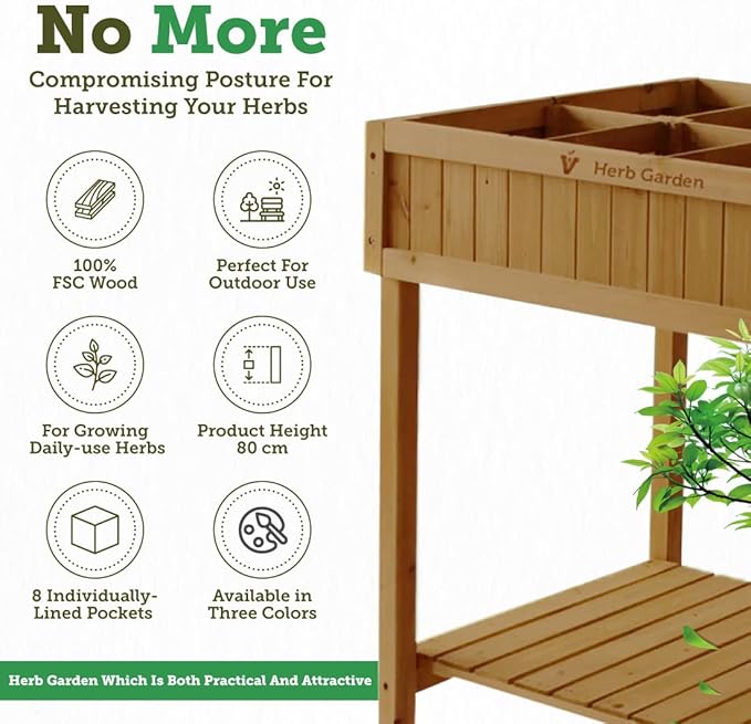 VegTrug 8 Pocket Herb Garden, Wooden Herb Planter with Herb Snips, Natural