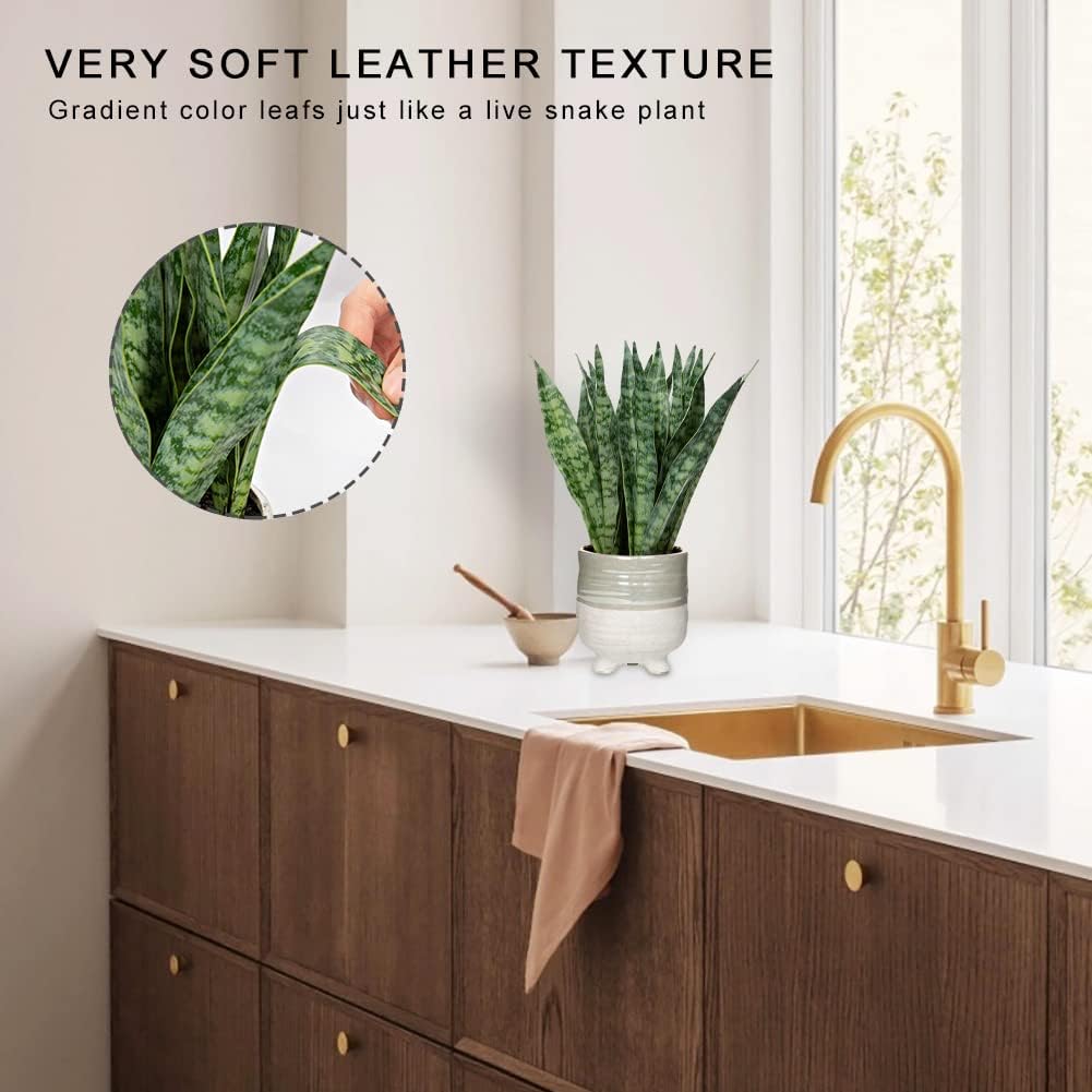 Hollyone Fake Snake Plant 12 Inch Small Artificial Snake Plant Potted with Ceramic Pot Faux Sansevieria Plant for Home Office Room Indoor Decor Housewarming Gifts