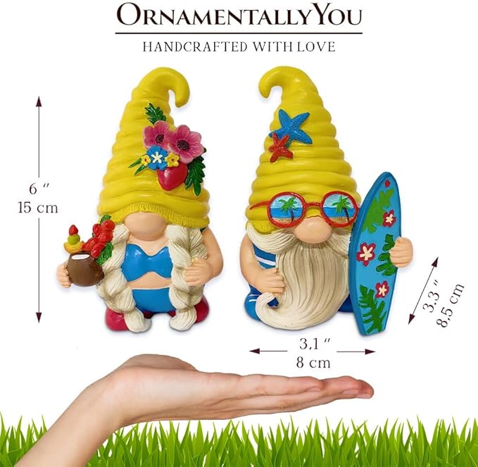 Spring & Summer-Themed Garden Statues – Adorable Outdoor Decor for Lawn, Patio & Porch (Tropical Beach Gnome Duo Figurine Set, Cute 6" Summer Decoration Garden Statue)