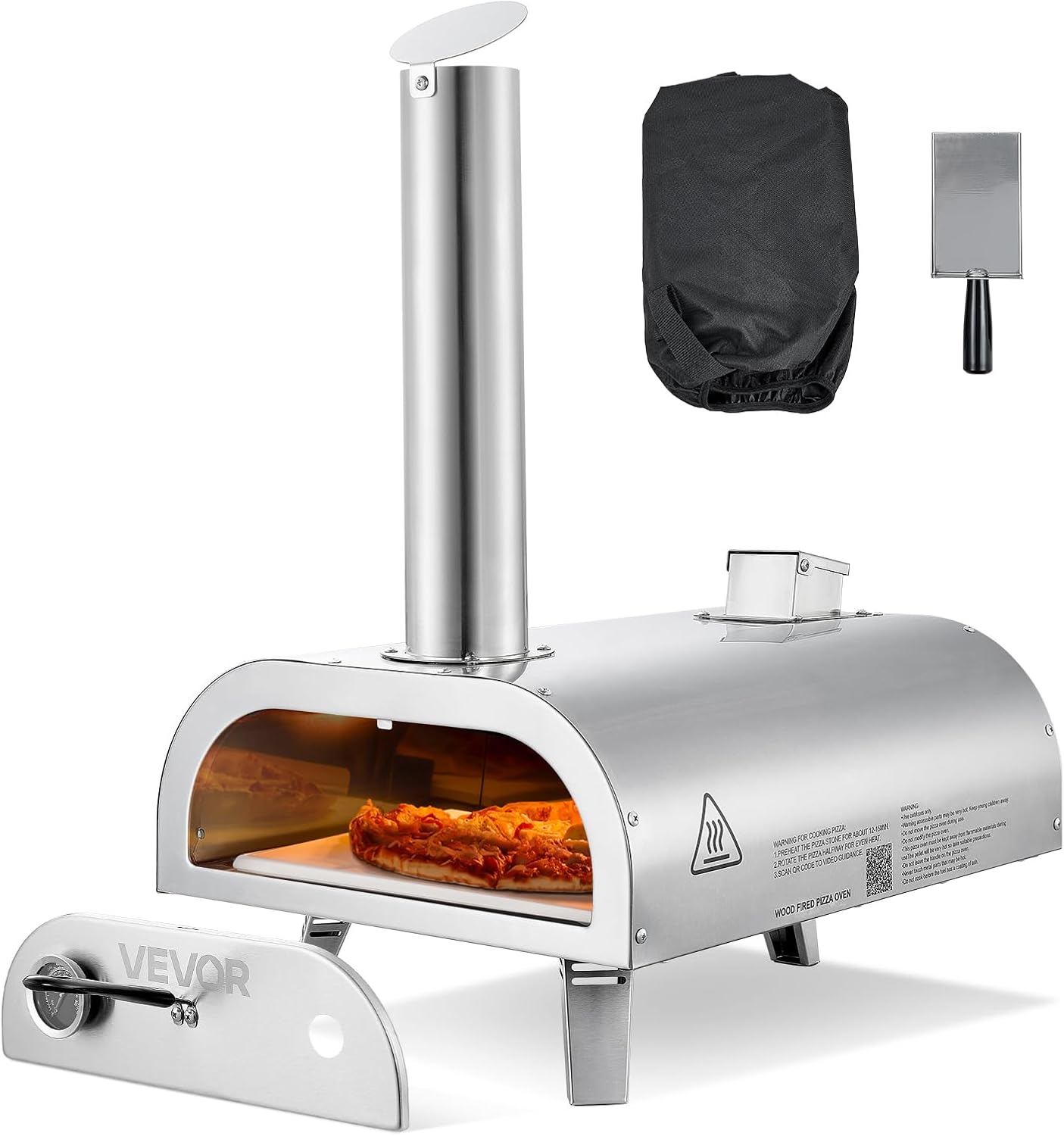 VEVOR Pizza Oven Outdoor, 12" Pellet Pizza Oven, Portable Pizza-Stove with Built-in Thermometer, Wood Fired Stainless Steel Pizza-Maker, for Backyard, Camping, Pizza-Stone, Shovel, Carry Bag, Silver