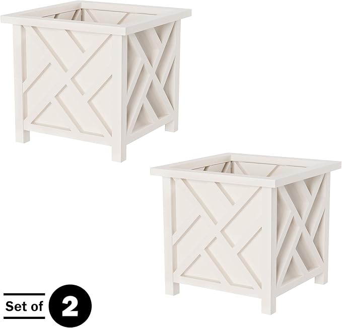 Lattice Design Planter Box 2-Pack – 14.75-Inch Decorative Outdoor Flower or Plant Pots – Front Porch, Patio, and Garden Decor by Pure Garden (White)