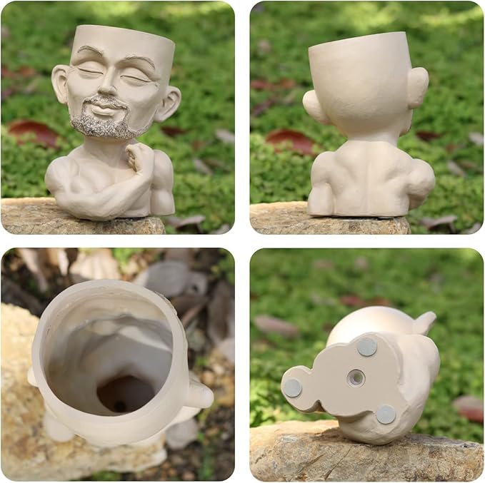 Beefcake Face Planter Pots Head Planter Man Face Planters Pot Head Face Flower Pot Head Planter with Drainage Hole Mscular Man(Khaki)