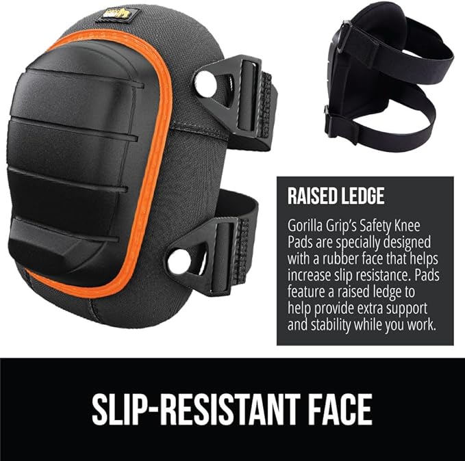 Gorilla Grip Adjustable Safety Knee Pad Set, Heavy Duty Durable Kneeling Pads for Work, Anti Slip Fasteners, Comfortable Gel Padding, Supportive Pads During Construction, Gardening Tool, Orange