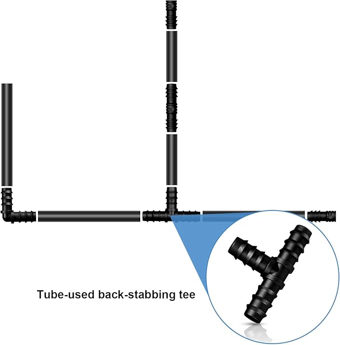 Maitys 8 Pieces Drip Irrigation Barbed Tee Fittings 1/2 Inch Universal Barbed Tee Fittings Connectors Drip Plastic Soaker Hose Connectors Hose End Stop, Black(Tee)