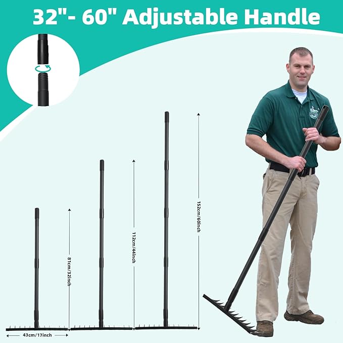 60 Inch Rake for Gardening Leveling Rake Heavy Duty Rake Tool with 12 Tines Adjustable Long Handle Thatch Rake for Loosening Soil Leveling Mulch Gathering Leaves, Black