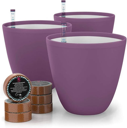 GARDENIX DECOR Self Watering Pots for Indoor Plants 3 Pack - Flower Pot with Water Level Indicator for Plants, Grow Tracking Tool - Self Watering Planter Plant Pot - Coco Coir - Purple