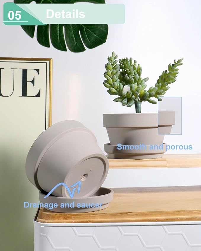 vensovo 3.7 Inch Grey Terracotta Shallow Succulent Pots - 6 Pack Terra Cotta Clay Pot with Saucer, Cacuts Indoor and Outdoor Planters with Drainage Hole