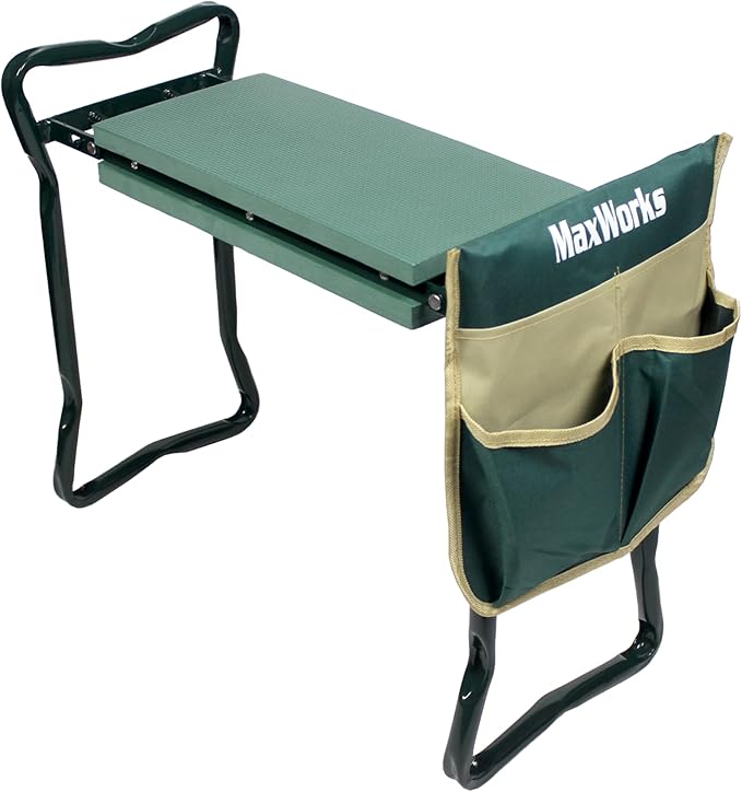 MaxWorks 50921 Folding Garden Kneeler Stool with 8 inch Wide Kneeling Pad, with 1 Tools Pouch for Planting and Gardening