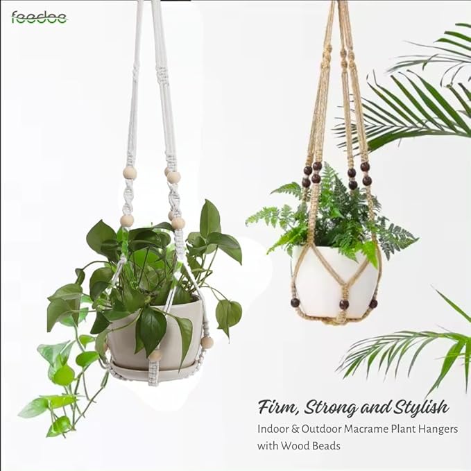 2 Pack Plant Hanger Indoor, Hanging Plant Holder, Macrame Plant Hangers, Handmade Boho Plant Hanger with Wood Beads, No Tassels Indoor Outdoor Flower Pots Holder, Home Décor Ivory (POTS NOT Included)