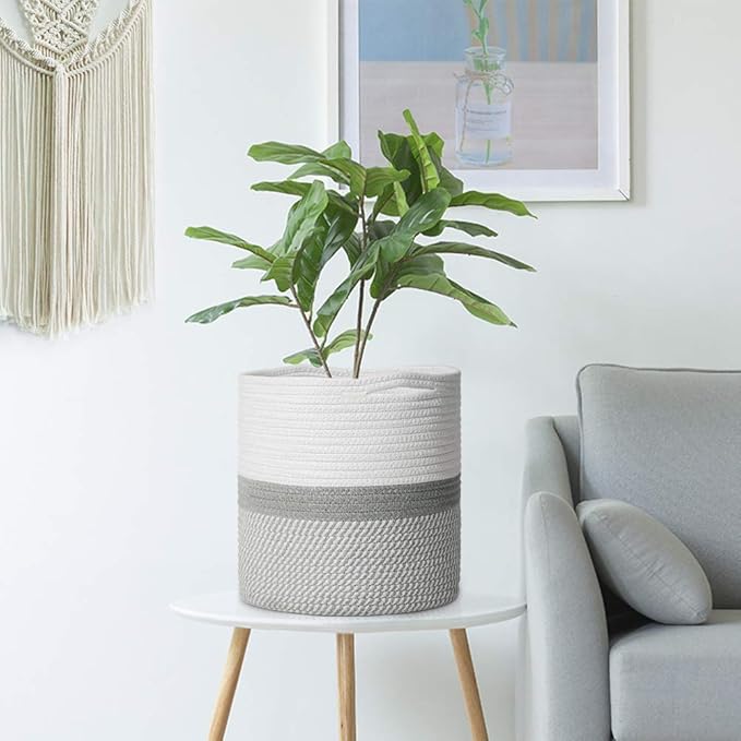 TIMEYARD Woven Cotton Rope Plant Basket for 10" Flower Pot Floor Indoor Planters, 11” x 11” Storage Basket Organizer Modern Home Decor, Grey and White Stripes