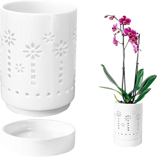 Orchid Pots with Holes,4 Inch Ceramic Orchid Pot for Repotting, Plant Pot for Repotting Orchids and Other Flowers - Indoor/Outdoor White