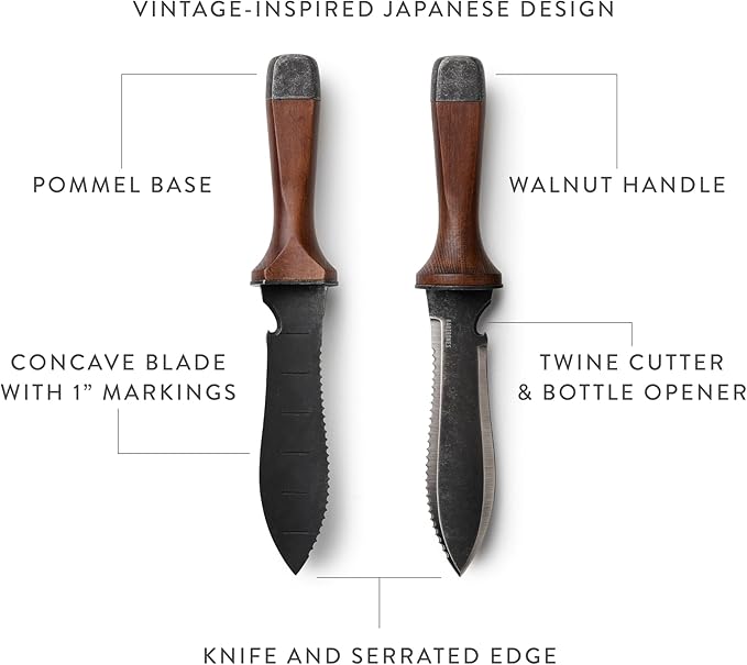 Barebones Hori Hori Ultimate - Garden Knife with Double-Edged Tempered Steel Blade, Walnut Handle, Ambidextrous Use, Japanese Knife Garden Tool for Weeding and Gardening (Tool Only)