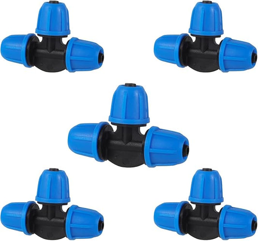 1/4 inch Drip Irrigation Fittings, Lock Barbed Tee for ¼ in. Tubing; Tubing Outside Diameter (OD) is 0.250 in., Internal Diameter (ID) is 0.170. in.(25Pcs/Pack) (Blue-3Way)