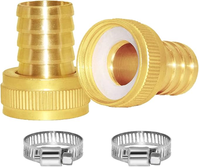 Joywayus 3/4" Barb x 3/4" Female GHT Thread Swivel Brass Garden Water Hose Pipe Connector Copper Fitting with Stainless Clamps House/Boat/Lawn/Power Wash/Irrigation (Pack of 2)