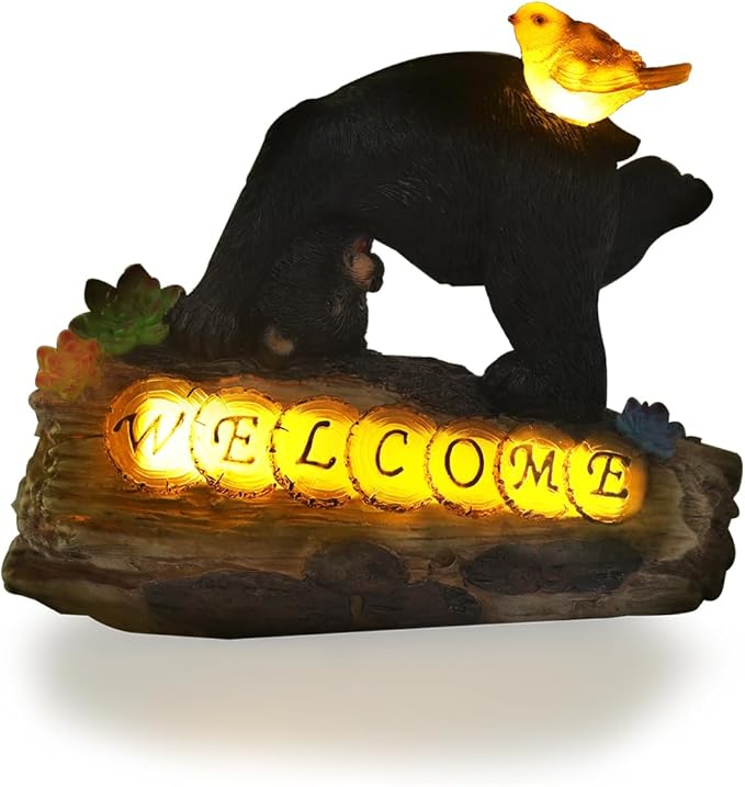 Bear Garden Decorations,Bear Solar Lights Outdoor Garden,Outdoor Solar Lights for Yard Decorations,Bear Garden Welcome Plaque Statue。