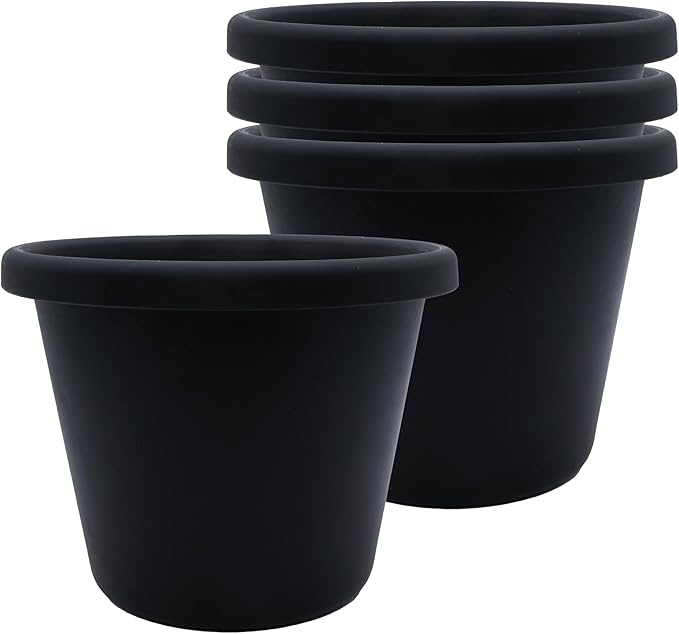 The HC Companies 7 inch Round Classic Planter - Small Plastic Plant Pot for Indoor Outdoor Plants Flowers Herbs, Black (4 Pack)
