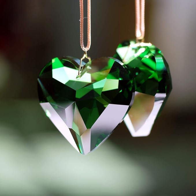 Green Heart Crystal Suncatcher, 2pc 45mm Hanging Prism for Windows, Outdoor Indoor Decoration, Rainbow Maker Gifts for Mom, Grandma, Friend