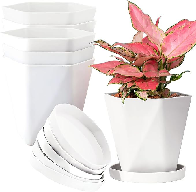 InmeRun Plant Pots Indoor Plastic Flower Pots Outdoor 5 inch Set of 6 Pack with Drainage Holes and Saucers for Garden Pots (5/7/8.5 in 6white)
