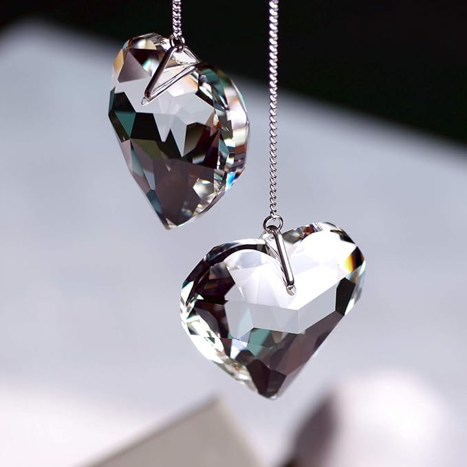 Clear Crystal Suncatcher, 2pc 45mm Heart, Handmade Prism Pendant for Windows, Outdoor Indoor Hanging Ornament, Rainbow Maker Gifts for Mom, Grandma, Friends (2 Hearts, Clear)