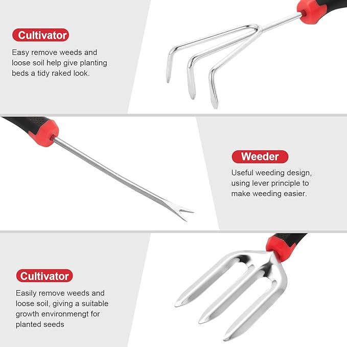 Gardening Tools, MOXILS 9 Pieces Stainless Steel Heavy Duty Tool Set with Non-Slip Rubber Grip, Storage Tote Bag, Outdoor Hand Tools, Ideal Garden Kit Gifts for Parents and Kids.