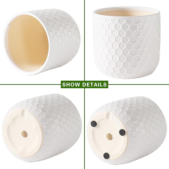 Docrin Ceramic Planters Indoor: 8 Inch Plant Pot with Drainage Holes for Home/Office - White Honeycomb
