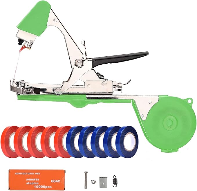 FUNTECK Plant Tying Machine to Tie Tomatoes Peppers and Cucumbers Quickly and Easily, Great for Gardeners Farmers, Including Spare Parts, Tapes and Staples, Green