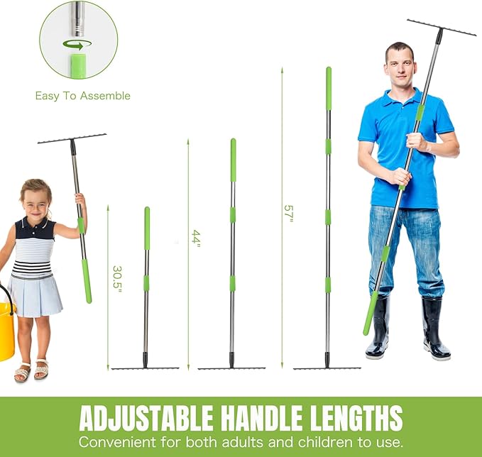 Joyhalo Rake for Leaves, 14 Tines Rakes for Gardening, Adjustable Length from 30.5 to 57 Inch Bow Rake, Metal Rake for Gardening, Rock Rake for Leveling, Loosening Soil